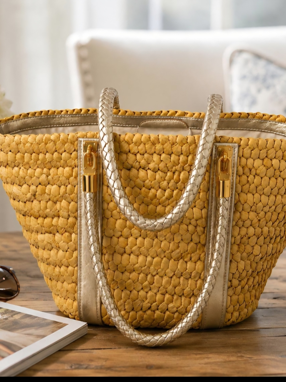 Michael Kors Woven Straw Tote Bag Metallic Champagne Leather Trim